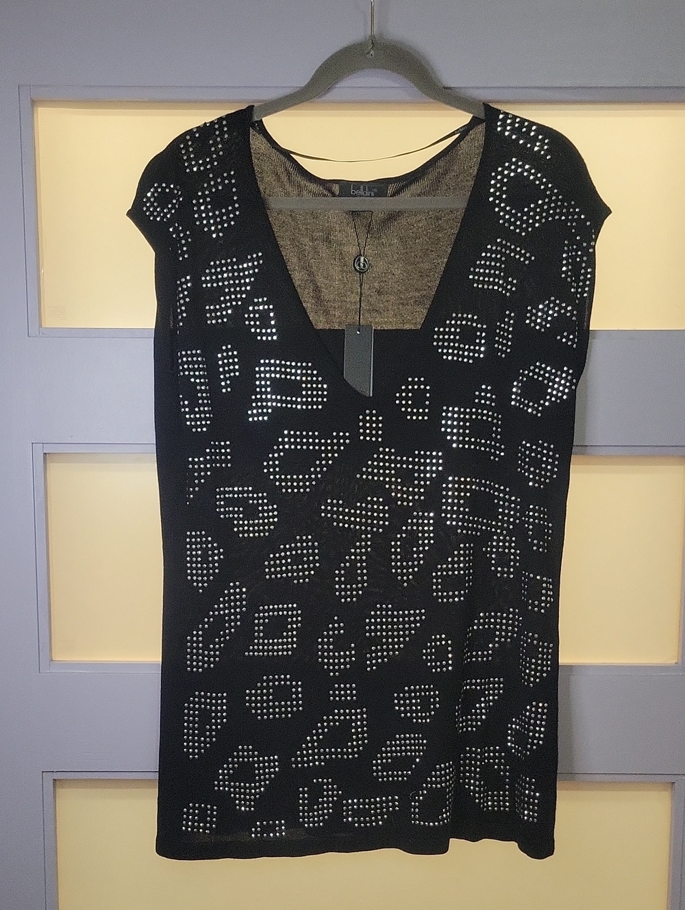 Belldini Black V‑Neck Studded Tunic with Silver Accents